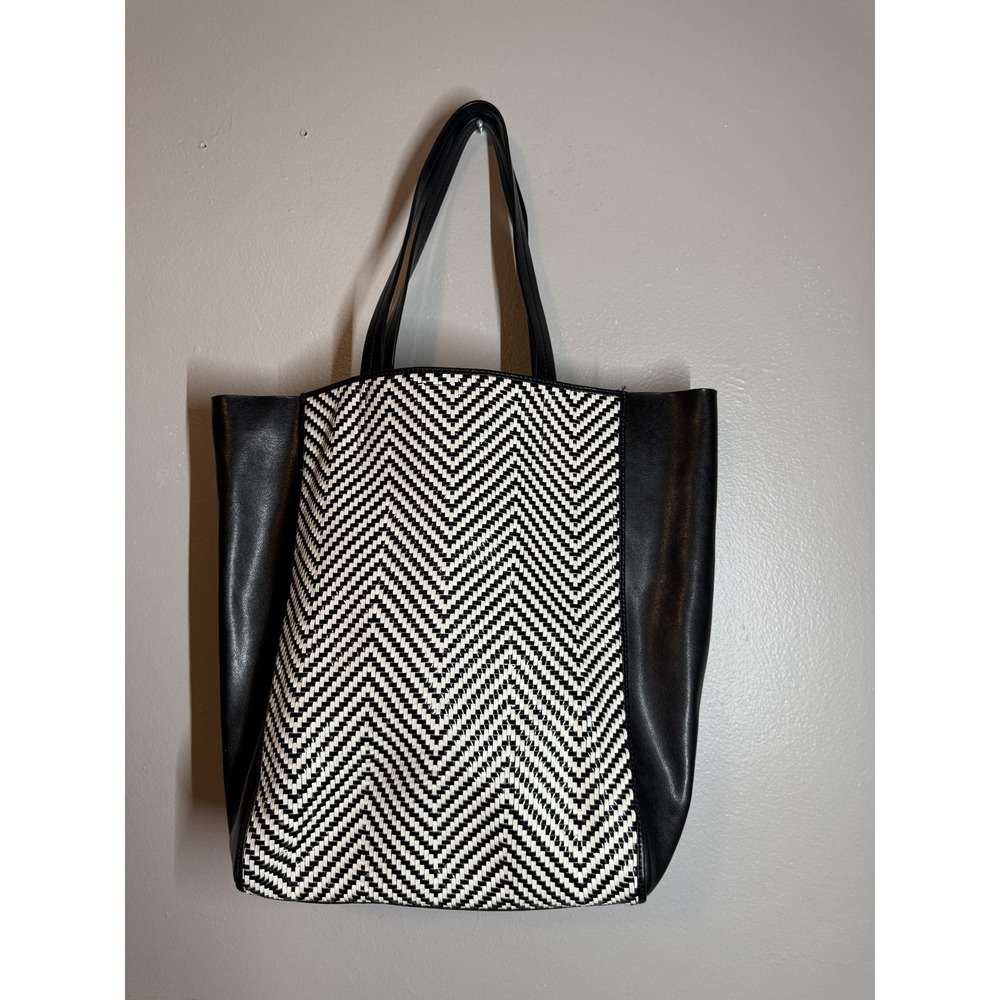 Banana Republic Black Leather Tote Bag Woven Chevron Shoulder Bag Large Carryall